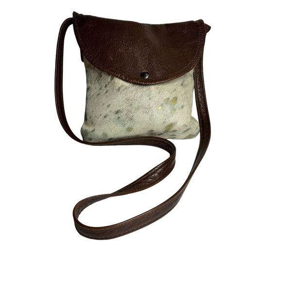 Cowhide Small Crossbody Purse Brown Gold Accents Hand Made In The USA - Picture 1 of 6